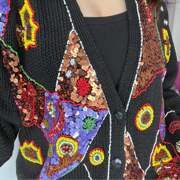 VINTAGE 80’s Multicoloured Beaded  Cardigan Sweater - Picture 7 of 12